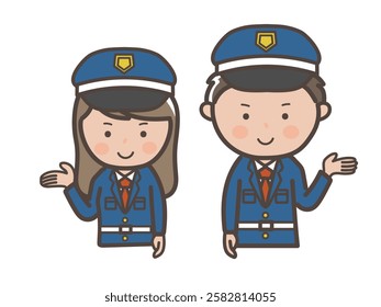 Upper body illustration of male and female security guards giving guidance and explanations