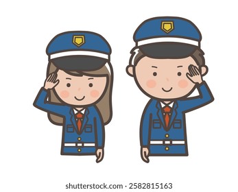 Upper body illustration of male and female security guards saluting