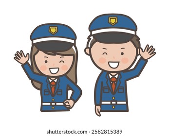 Upper body illustration of male and female security guards greeting cheerfully