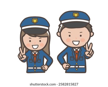 Upper body illustration of a male and female security guard making a peace sign with a smile