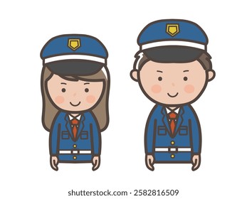 Upper body illustration of male and female security guards facing forward with smiles