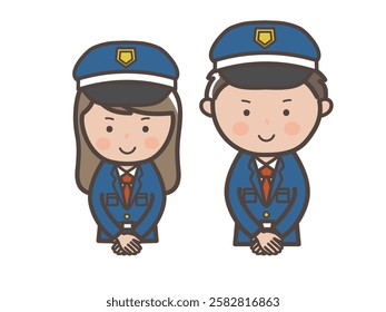 Upper body illustration of male and female security guards greeting in customer service pose