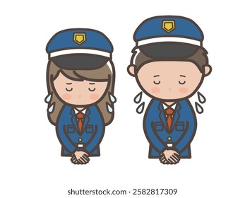 Upper body illustration of male and female security guards apologizing while sweating heavily