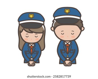 Upper body illustration of male and female security guards bowing and apologizing