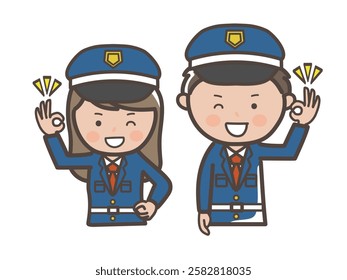 Upper body illustration of a male and female security guard giving an OK sign of understanding