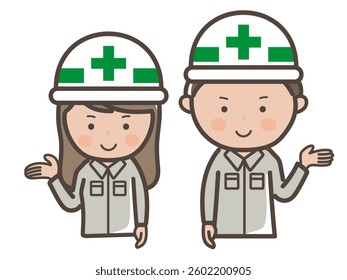 Upper body illustration of male and female construction workers giving explanations and guidance