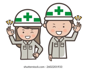 Upper body illustration of male and female construction workers giving an OK sign of understanding
