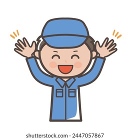 Upper body illustration of a male worker and cleaner who are happy to do banzai