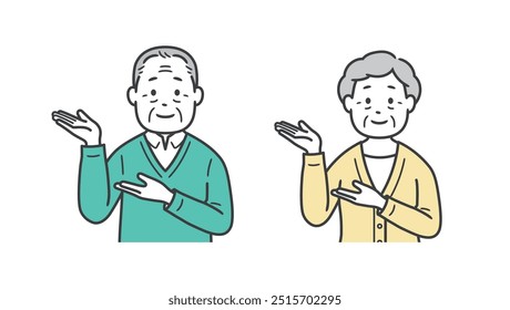 Upper body illustration of a senior citizen man and woman giving directions