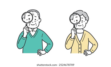 Upper body illustration of a senior citizen man and woman holding a magnifying glass
