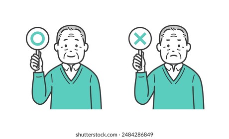 Upper body illustration of a senior man holding a circle and cross card