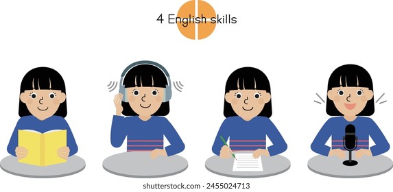 Upper body illustration set of a Japanese woman doing the movements of four English skills