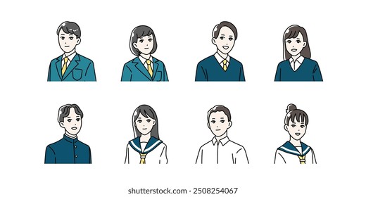 Upper body illustration set of students wearing uniforms