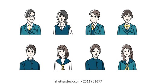 Conjunto de ilustrações do corpo superior dos alunos vestindo uniformes