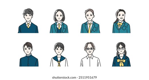 Conjunto de ilustración de cuerpo superior de estudiantes que usan uniformes