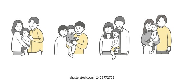 Oberkörper-Illustrations-Set einer jungen Familie von drei