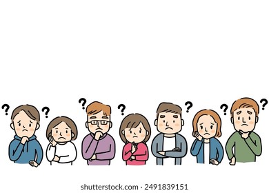 Upper body illustration of seven men and women in casual clothes who are worried.