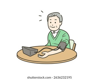 Upper body illustration of a smiling elderly man measuring his own blood pressure with a sphygmomanometer