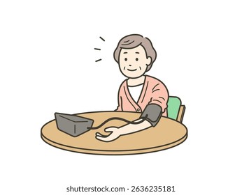 Upper body illustration of a smiling elderly woman measuring her own blood pressure with a sphygmomanometer