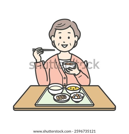 Upper body illustration of a smiling elderly woman eating a meal