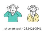 Upper body illustration of a troubled and impatient elderly chubby man and woman