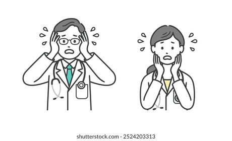 Upper body illustration of a troubled and impatient male and female doctor