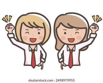 Upper body illustration of two cute kogal-style high school girls smiling and raising their fist in the air