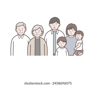 Upper body illustration of a two-family family with a smiling small child and a dog