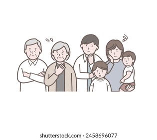 Upper body illustration of a two-family family with a small child and a dog with worried and troubled faces
