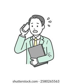 An upper body illustration of a young businessman who is busy with work and in a hurry