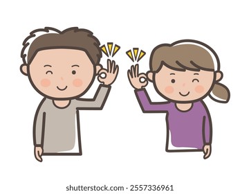 Upper body illustration of a young couple showing OK sign