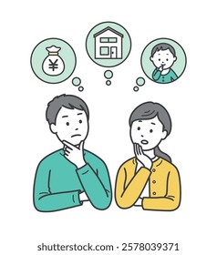 An upper body illustration of a young couple worried about money, housing and child-rearing