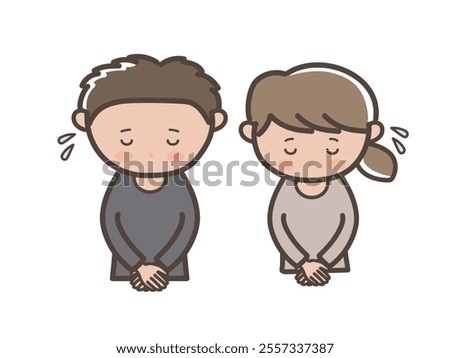 Upper body illustration of a young couple bowing and apologizing