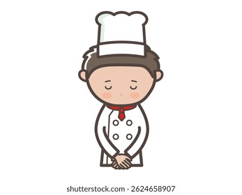 Upper body illustration of a young male chef bowing his head and apologizing