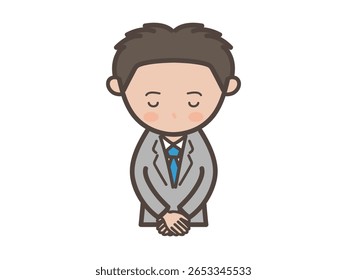 Ilustração do corpo superior de um jovem homem de negócios curvando a cabeça e pedindo desculpas