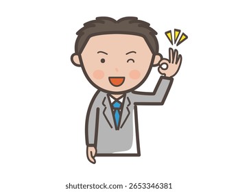 Ilustração do corpo superior de um jovem homem de negócios que envia um sinal OK de compreensão