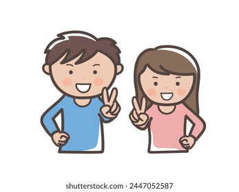 Ilustración de la parte superior del cuerpo de un hombre y una mujer jóvenes haciendo alegremente una pose de la paz