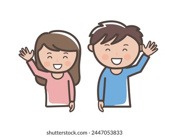 Upper body illustration of a young man and woman greeting cheerfully with a smile