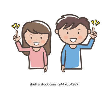 Upper body illustration of a young man and woman pointing at their index finger and explaining a point