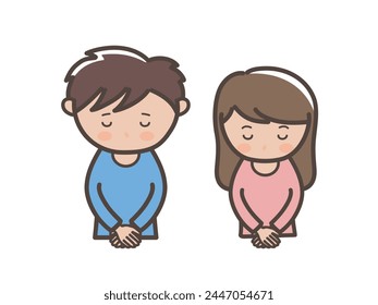Upper body illustration of a young man and woman bowing their heads and apologizing
