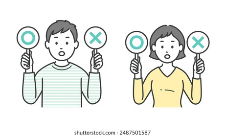 Oberkörper-Illustration eines jungen Mannes und einer jungen Frau, die einen Kreis und ein Kreuz hochziehen