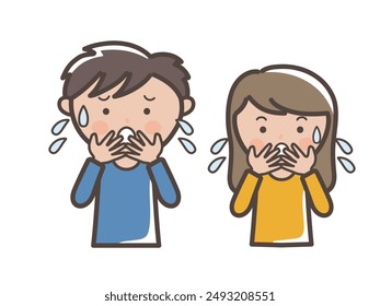 Upper body illustration of a young man and woman panicking after a shocking event