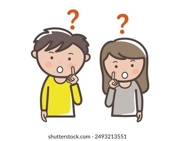 Upper body illustration of a young man and woman wondering