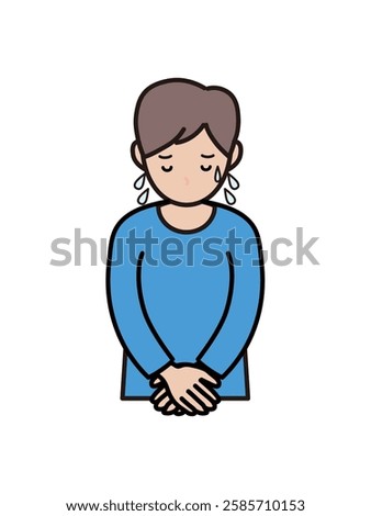 Upper body illustration of a young man apologizing while sweating profusely