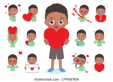 Upper body illustrations of a boy with a heart.The Japanese word "I feel the awakening of love" is written.Vector art so easy to edit. One whole body illustration