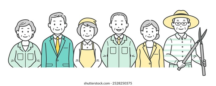 Upper body illustrations of various jobs for elderly men and women in their second lives