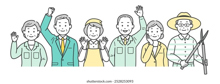 Ilustrações do corpo superior de vários empregos para homens e mulheres idosos em sua segunda vida