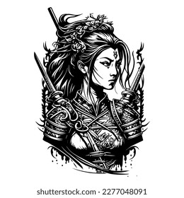 upper body japanese samurai girl line art hand drawn illustration