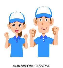 Upper body of male and female staff wearing hats in short-sleeved polo shirts
