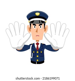 The upper body of a male security guard who stops with both hands